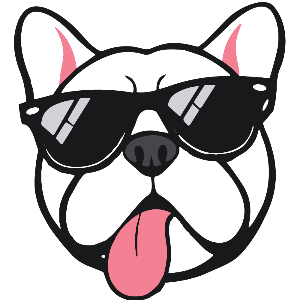 Cartoon dog wearing sunglasses with a pink tongue on a white background